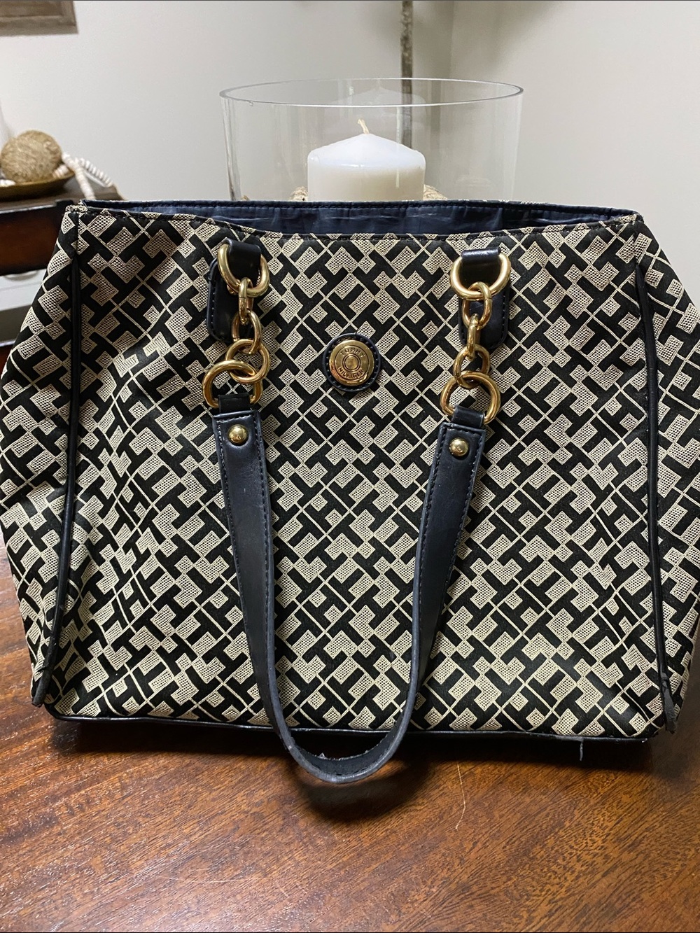 Tommy Hilfiger Black and Cream Geometric Logo Tote with Gold Accents